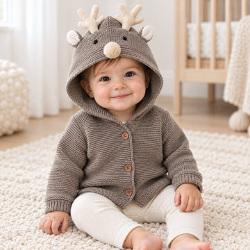 Toddler Cute 3D Reindeer Hooded Knit Cardigan - Gray