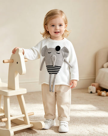 Toddler Cute 3D Elephant Knit Sweater - White