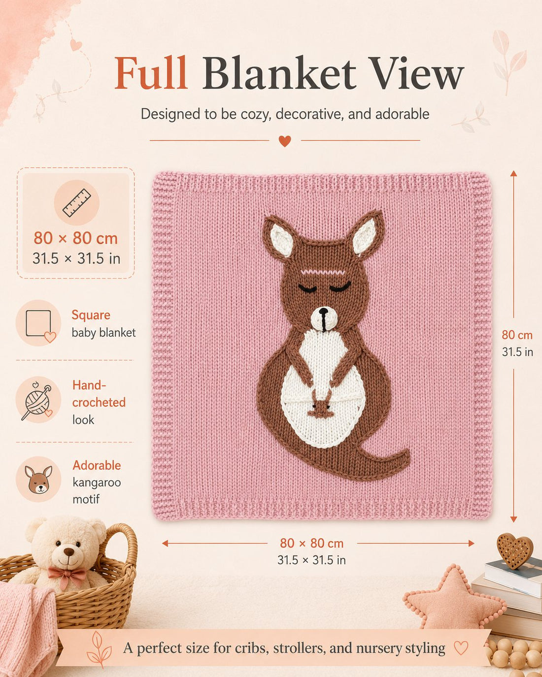 3D Kangaroo Hand-Knit Baby Blanket – 80 × 80 cm | Gift Box Included