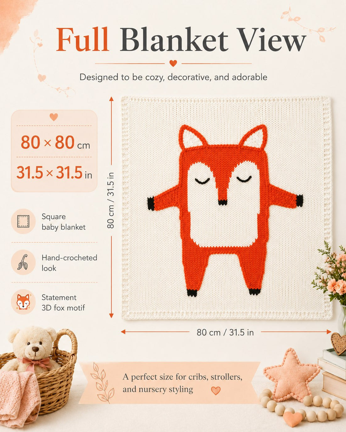 3D Fox Hand-Knit Baby Blanket – 80 × 80 cm | Gift Box Included