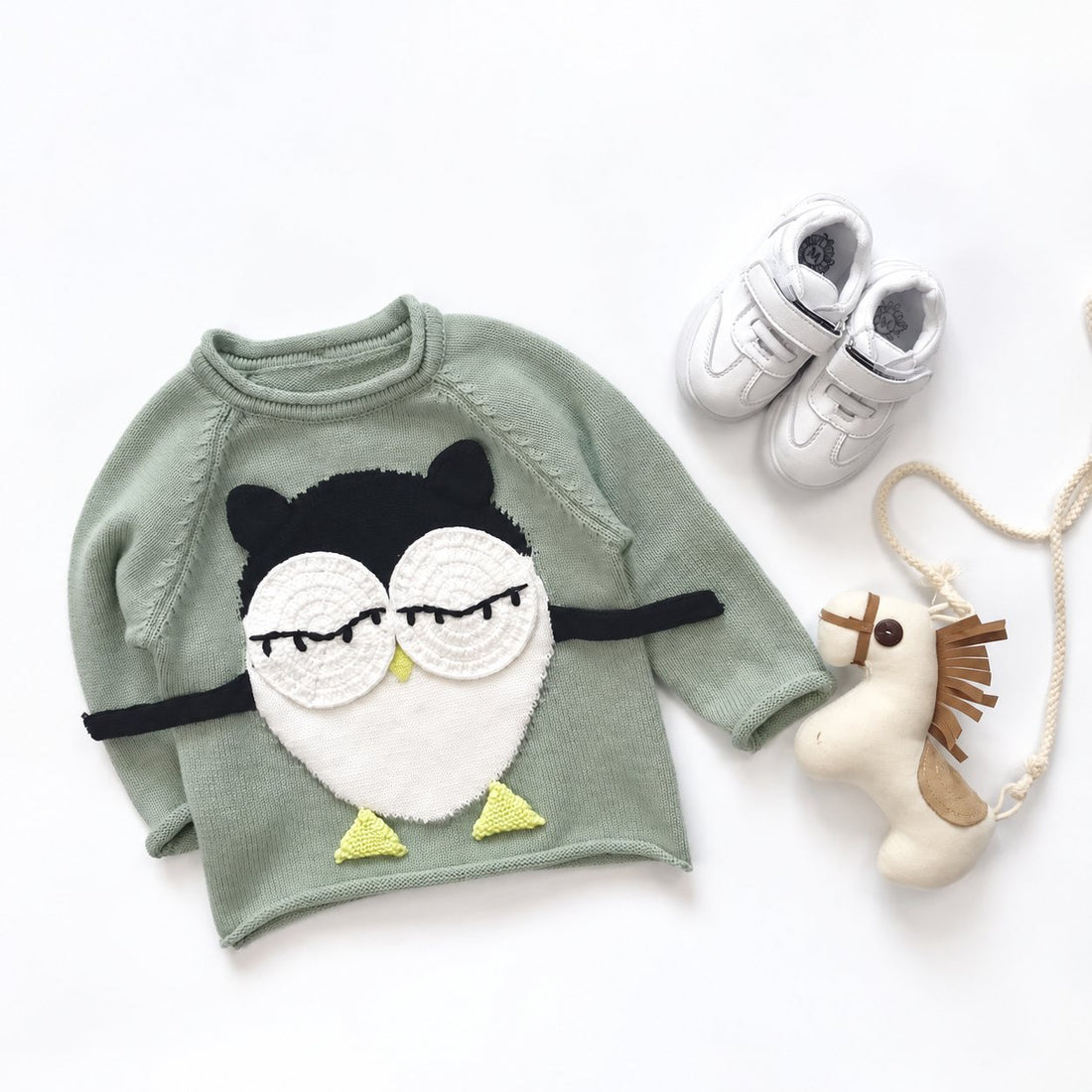 Toddler Cute 3D Owl Knit Sweater - Sage Green