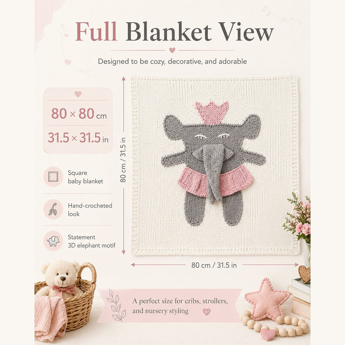 Handmade 3D Elephant Baby Blanket – 80 × 80 cm | Gift Box Included